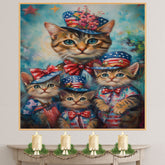 Charming Bengal Cat Mother and Three Kittens in Patriotic Hats with Stars and Bows on a Playful Colorful Background on Ready to Hang 1.5" Thick Canvas Wrap, Floating Framed Canvas, Flat Rolled Canvas